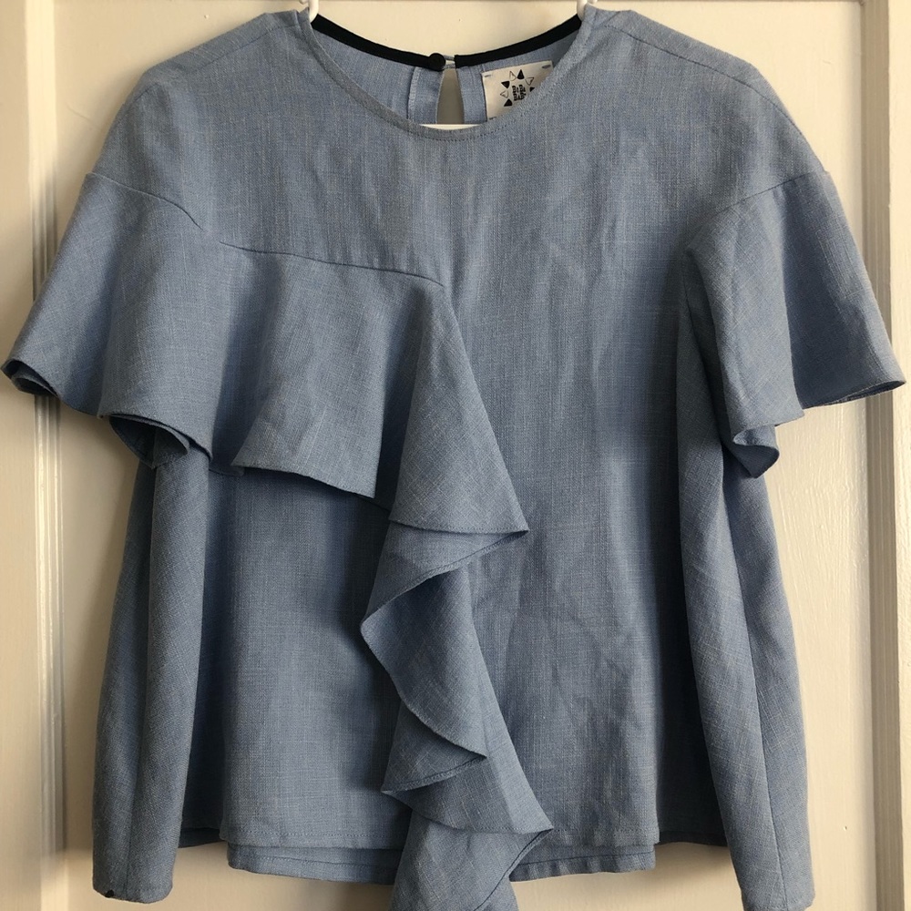 Light blue linen top with ruffle